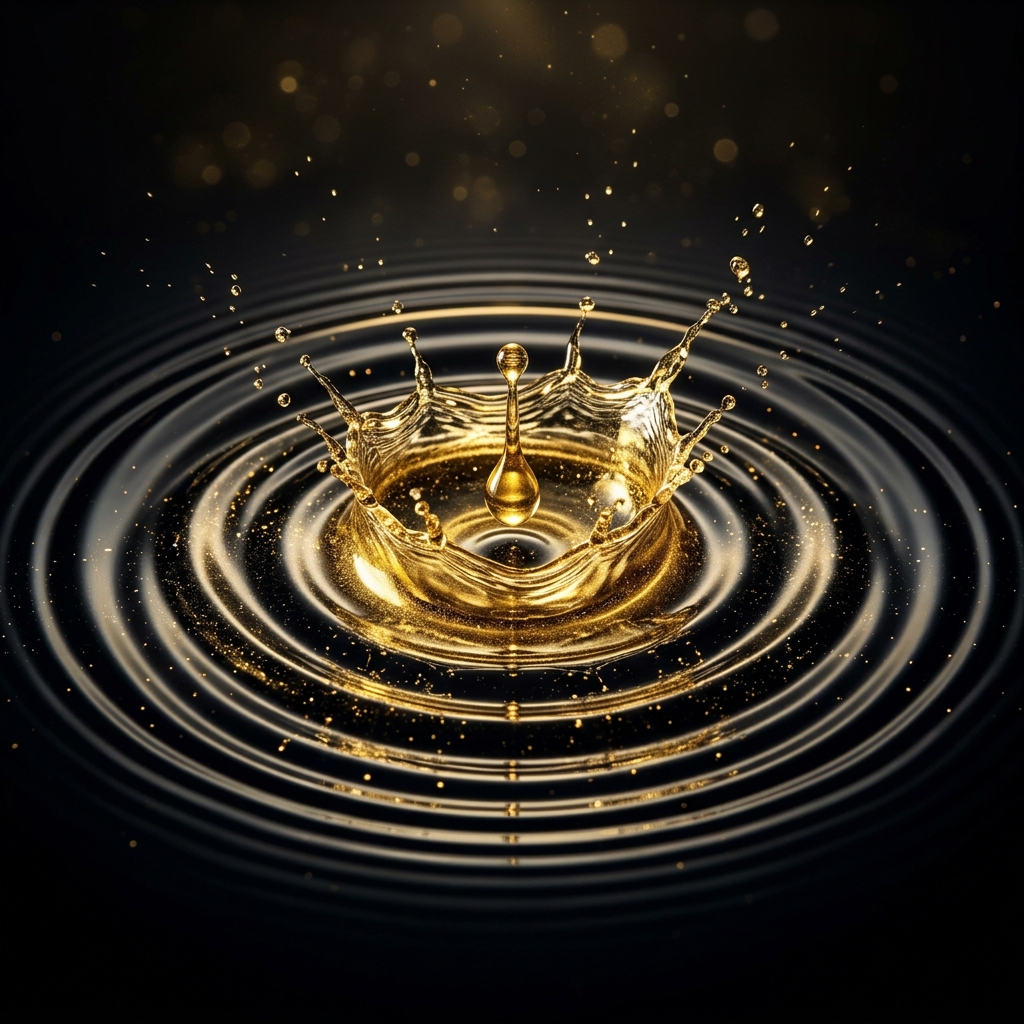 A gold drop falling into a dark pool